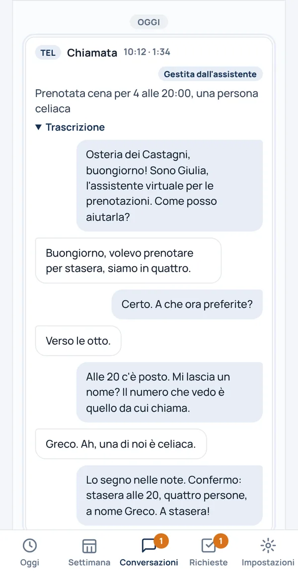 La trascrizione della telefonata con la prenotazione per quattro alle 20